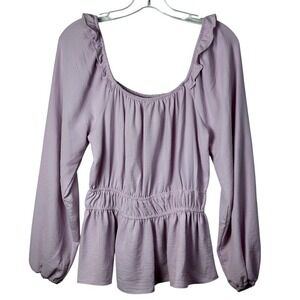 Nine West Long Sleeve Peplum Blouse Top Ruffle Neck Gathered Waist Lavender SZ M